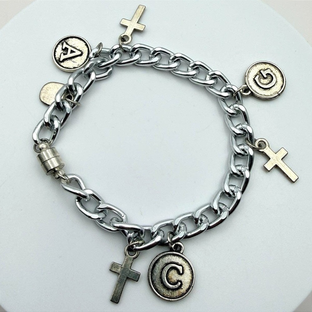 Vintage 90s Silver Tone‎ Initial & Cross Charm Bracelet Magnetic Fashion Jewelry